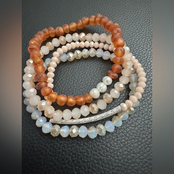 Neutral Beaded Stretch Bracelet Stack – Set of 4 | Peach, Opal, Bronze Tones - Picture 1 of 3